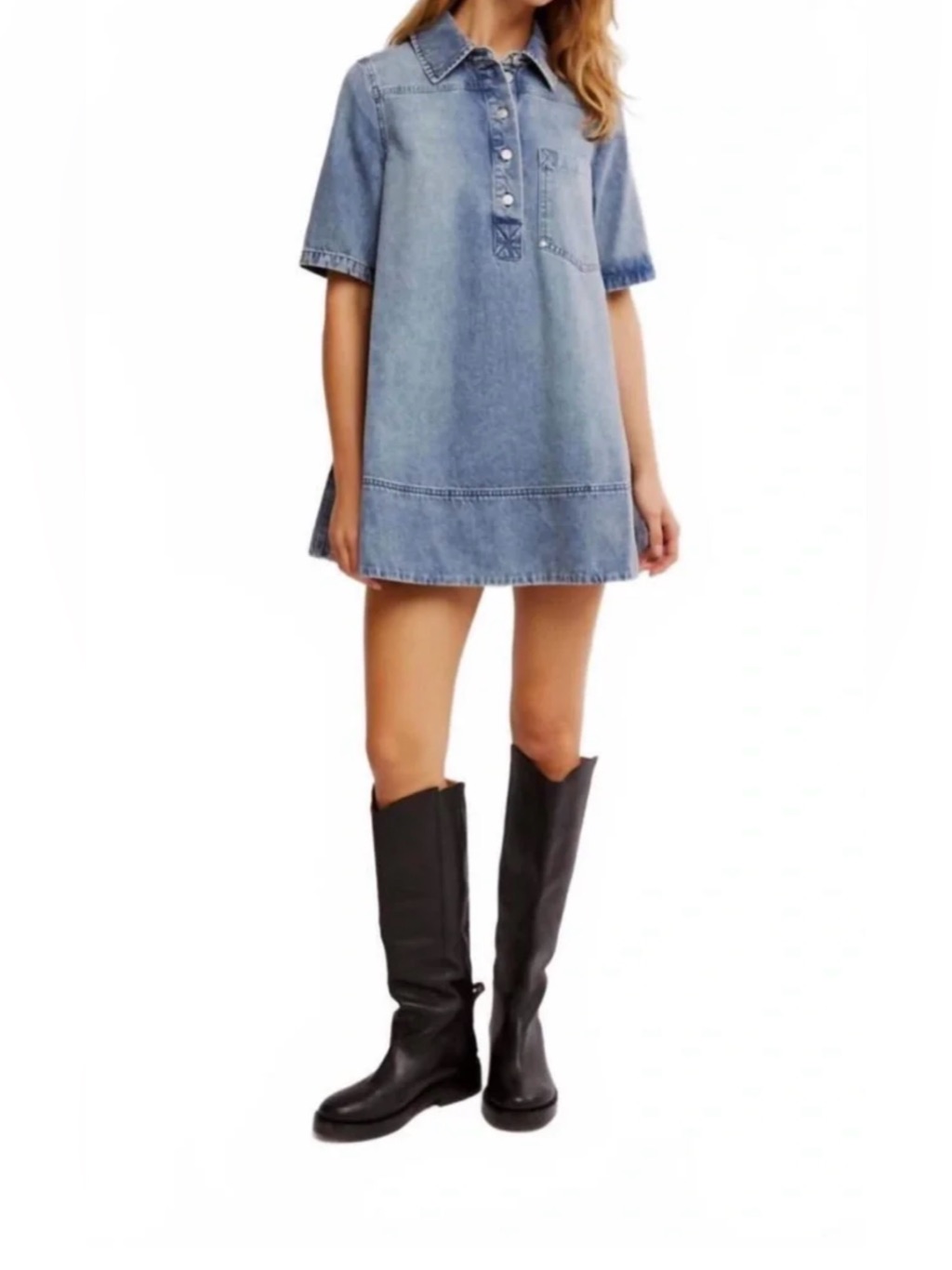 Nwt Free People Denim Short Sleeve Collared Mini Dress - M